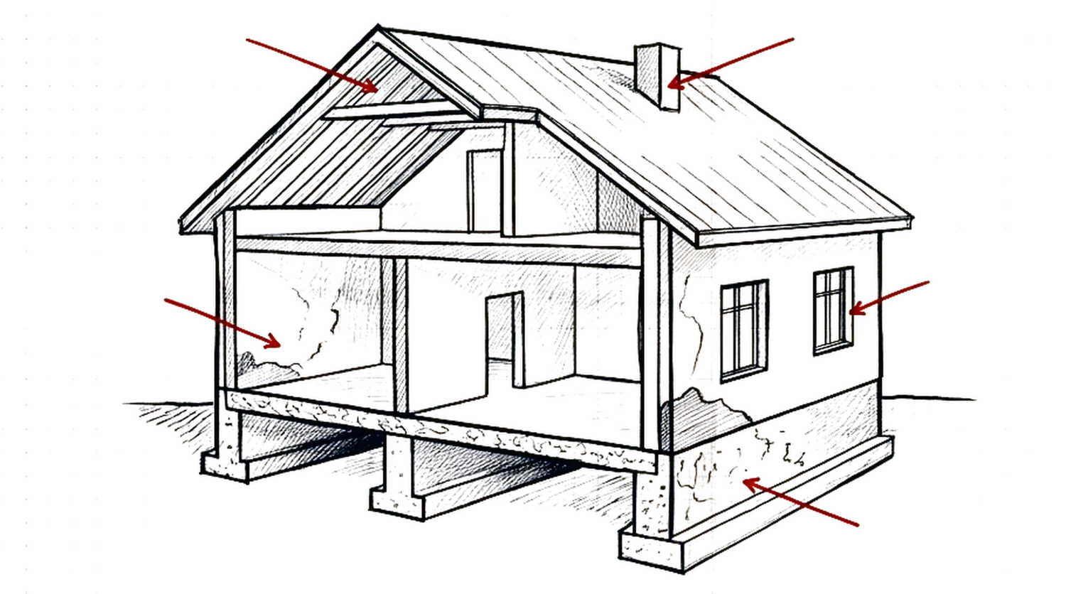 Ink cutaway drawing of a two-level house showing roof, walls, floor slab and foundation